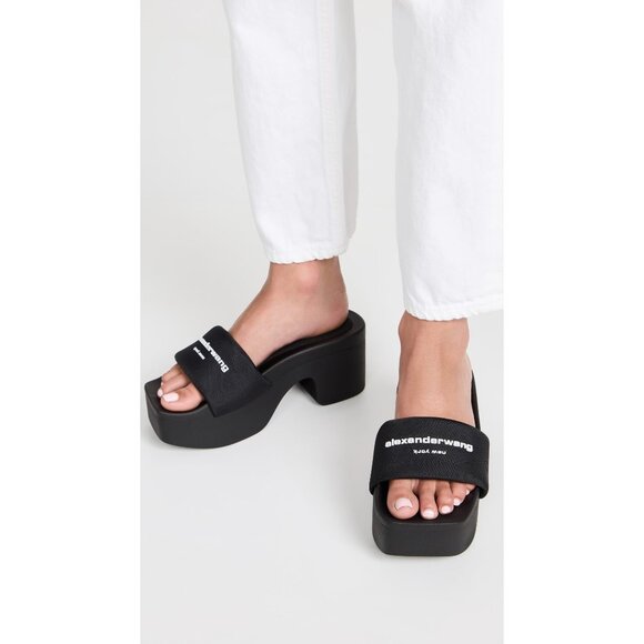 Alexander Wang AW Platform Slides in Black 37 New with Box Womens Logo Heels - Picture 4 of 16